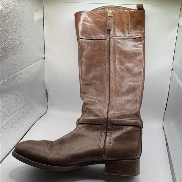 Tory Burch Marlene Riding Boots Brown Leather 9M Gold Buckle Equestrian Tall - Picture 9 of 16
